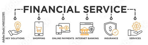 Financial service banner web icon vector illustration concept with icon of key solutions, shopping, online payments, internet banking, insurance and services