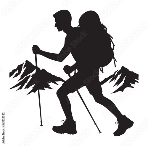 Hiker silhouette of a trekking Hiker vector on isolated white background.