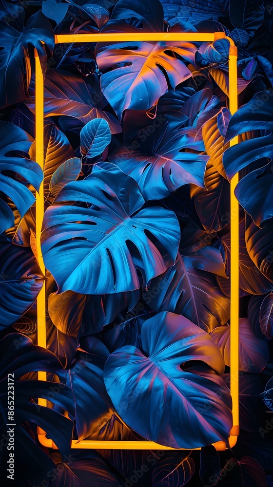 Vibrant blue leaves with a neon orange frame in a dark background, creating a striking visual contrast of nature and modern design. Vibrant blue leaves with a neon orange frame in a dark background, creating a striking visual contrast of nature and modern design.