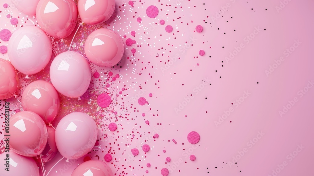 • Pink background with balloons and confetti for a celebration or party, shown from above. • Pink background with balloons and confetti for a celebration or party, shown from above.
