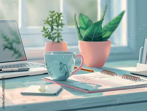 a worker's desk filled with a mug, green plants and a planner book. individuality and the work culture, work related things photo