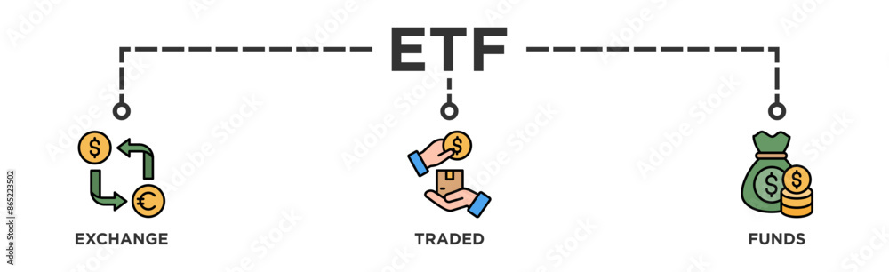 ETF banner web icon vector illustration concept Exchange Traded Funds Stock Market Investment with icon of money, cash flow, trading, transaction, bank, accounting, and growth ETF banner web icon vector illustration concept Exchange Traded Funds Stock Market Investment with icon of money, cash flow, trading, transaction, bank, accounting, and growth