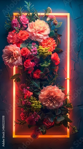 Vibrant floral arrangement framed by neon lights. Perfect for modern and artistic decor themes.