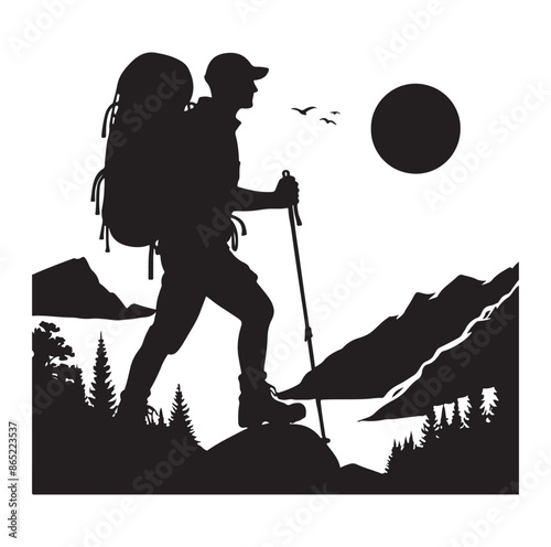 Hiker silhouette of a trekking Hiker vector on isolated white background.