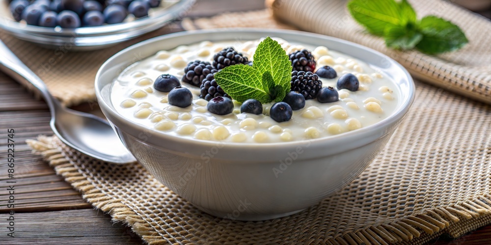 Blackberry tapioca pudding in white bowl