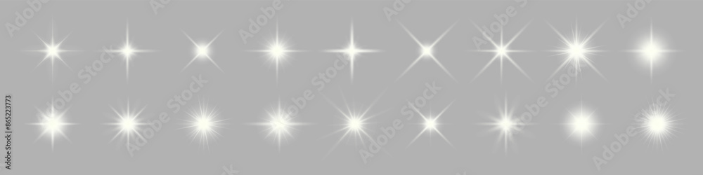 Set of sparkling stars on transparent background. Glow effect. Christmas concept. Festive lights. Vector EPS 10 and PNG