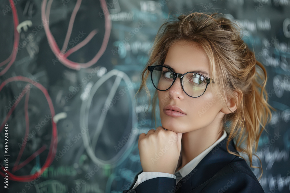 Businesswoman teacher standing with school blackboard Businesswoman teacher standing with school blackboard