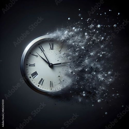 Fleeting time concept. analog clock dissolving on black background. Generative AI.