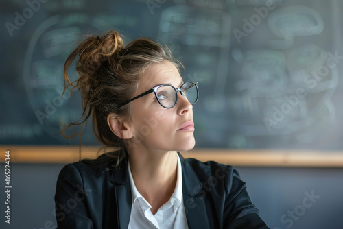 Businesswoman teacher standing with school blackboard