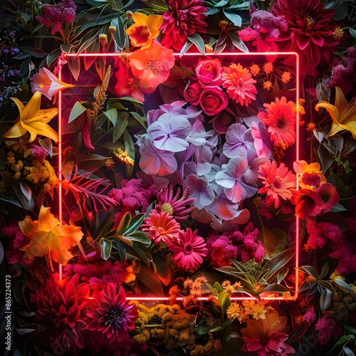 Vibrant floral arrangement with neon frame, showcasing vivid colors and diverse flowers in an artistic, modern setup. photo