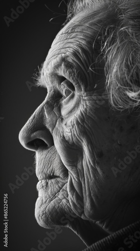 A portrait of an elderly person looking off into the distance the lines on their face a testament to a life of resilience and strength. Black and white art