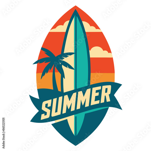 A colorful logo surfboard with a palm tree summer fun
