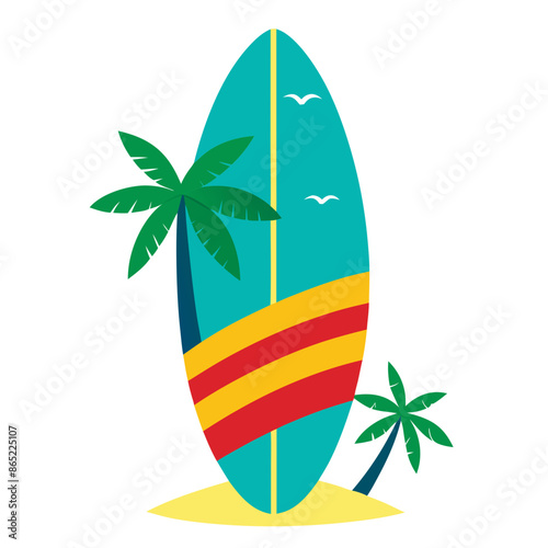 A colorful logo surfboard with palm trees summer fun