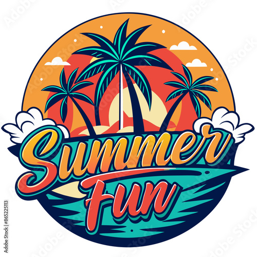 A colorful logo for Summer Fun with palm trees and a wave