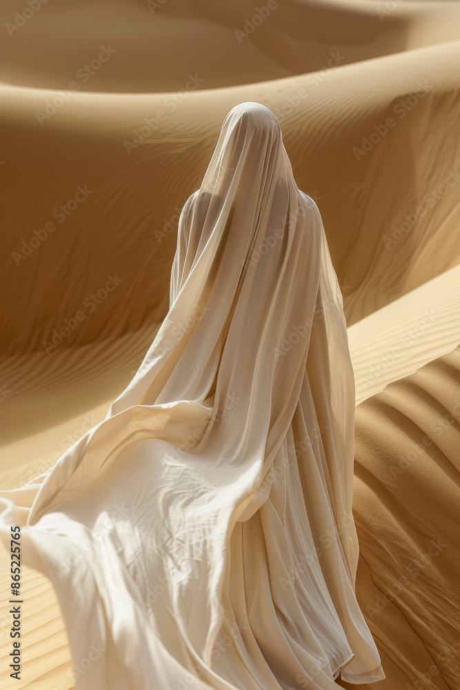 Person Draped in Ivory Fabric Standing in Desert Sand Dunes Person Draped in Ivory Fabric Standing in Desert Sand Dunes