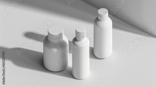 Isometric View of Three White Bottles in a Minimalist Mockup Style