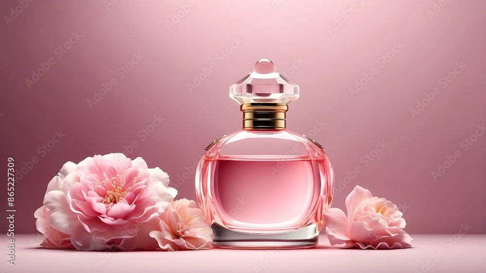 generic wide banner mockup with copy space section, including a pink theme and flowers as the background, and a generic luxury glass or crystal perfume bottle generic wide banner mockup with copy space section, including a pink theme and flowers as the background, and a generic luxury glass or crystal perfume bottle