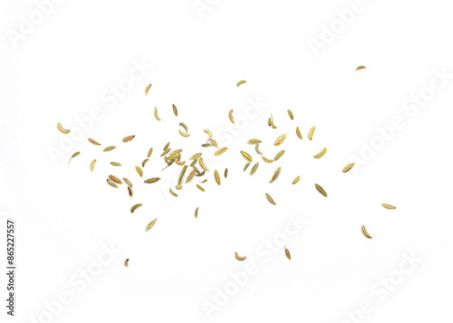 Fennel seeds spilled on a white background