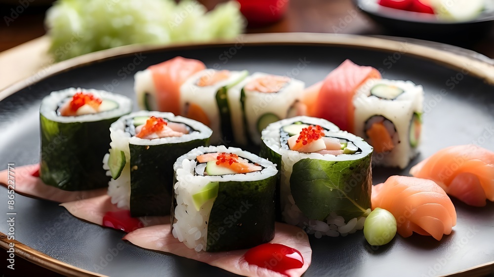 For the ardor and affection of Japanese sushi maki for dinner or fine dining, a heart-shaped sushi roll For the ardor and affection of Japanese sushi maki for dinner or fine dining, a heart-shaped sushi roll
