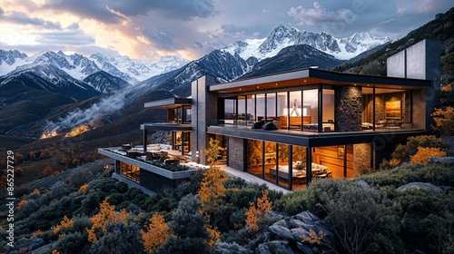 a house on a mountain with mountains in the background