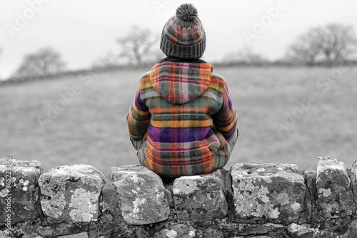 Child in Plaid Jacket Sitting on Stone Wall in Rural Landscape