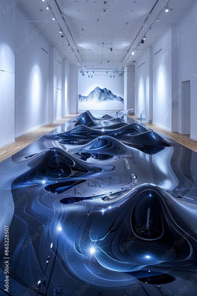 Futuristic Art Installation with Abstract Sculptures and LED Lighting in Modern Gallery Futuristic Art Installation with Abstract Sculptures and LED Lighting in Modern Gallery