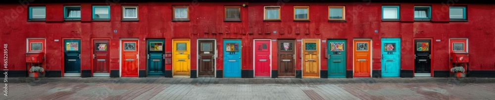 Fototapeta premium Vibrant Door Symbolizing Individuality Among Identical City Street Doors, Echoing Self-Expression and Uniqueness