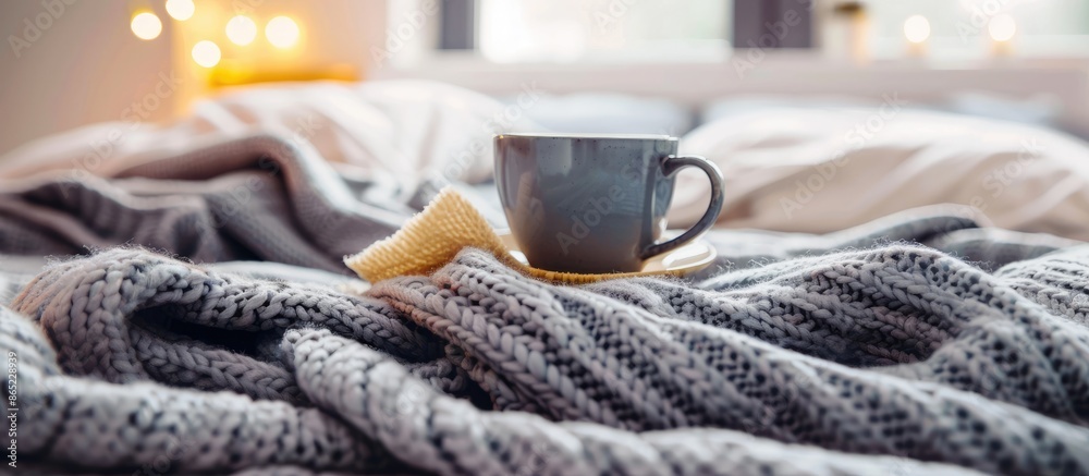 Comfortable gray blanket with a hot drink Comfortable gray blanket with a hot drink