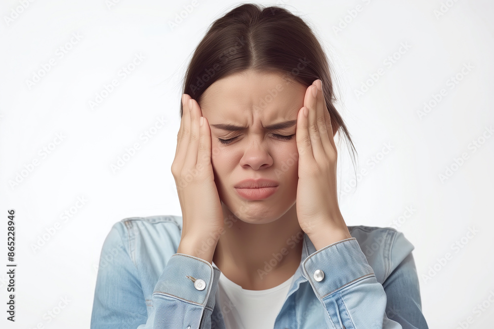 Isolated on white of a woman with her eyes closed and hands on her temples experiencing a headache and discomfort. Isolated on white of a woman with her eyes closed and hands on her temples experiencing a headache and discomfort.