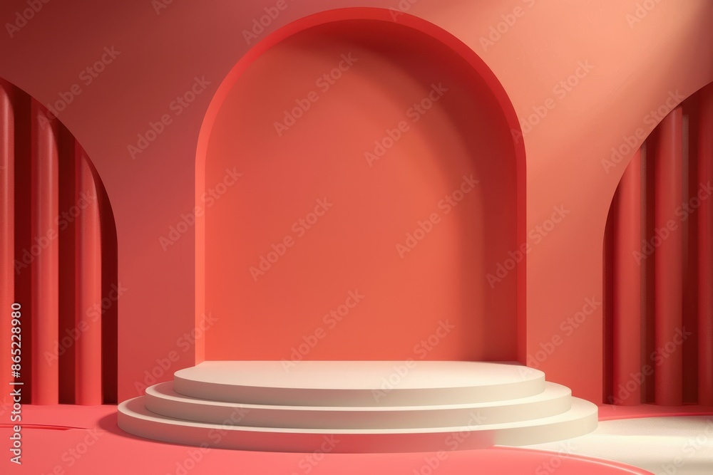 Minimalist pink 3D rendering with podium or pedestal for product display. Modern, abstract background for cosmetics or beauty products. Minimalist pink 3D rendering with podium or pedestal for product display. Modern, abstract background for cosmetics or beauty products.