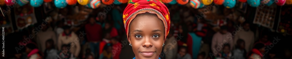 Standout Confidence Young Woman in Colorful African Attire Celebrates Individuality in a Bustling Urban Market Standout Confidence Young Woman in Colorful African Attire Celebrates Individuality in a Bustling Urban Market