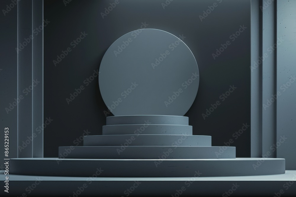 Obraz premium Minimalist 3D rendering of a dark grey cylindrical podium on a tiered platform, perfect for product display and branding. Concept of luxury, elegance, and sophistication.