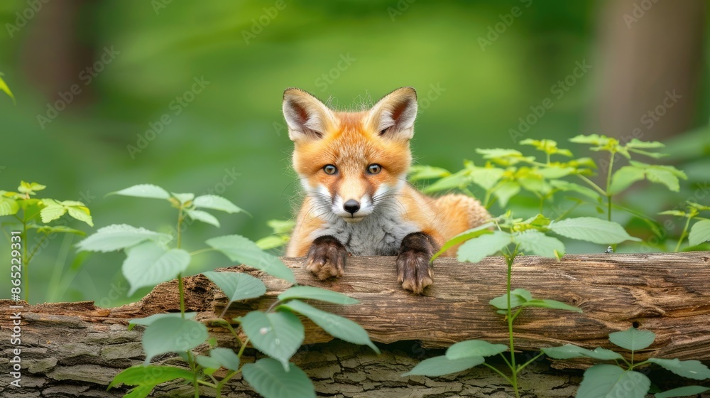 A young red fox kit sits on a log in a forest, its orange fur blending with the green foliage A young red fox kit sits on a log in a forest, its orange fur blending with the green foliage