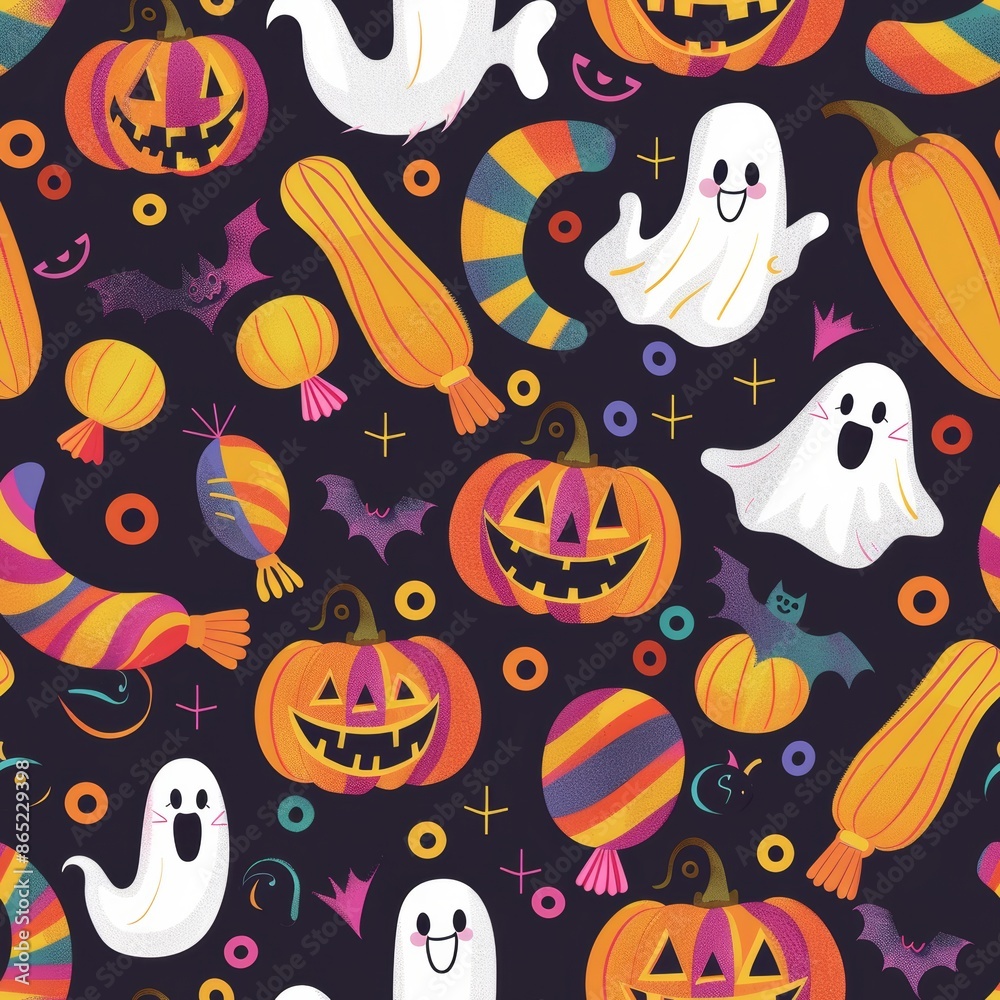 Playful Halloween vector pattern with cute pumpkins, friendly ghosts, candy, vibrant colors, seamless tiling. Playful Halloween vector pattern with cute pumpkins, friendly ghosts, candy, vibrant colors, seamless tiling.