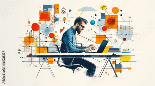 Creative professional designing abstract elements, vector outline artwork, inspired by innovation and creativity.