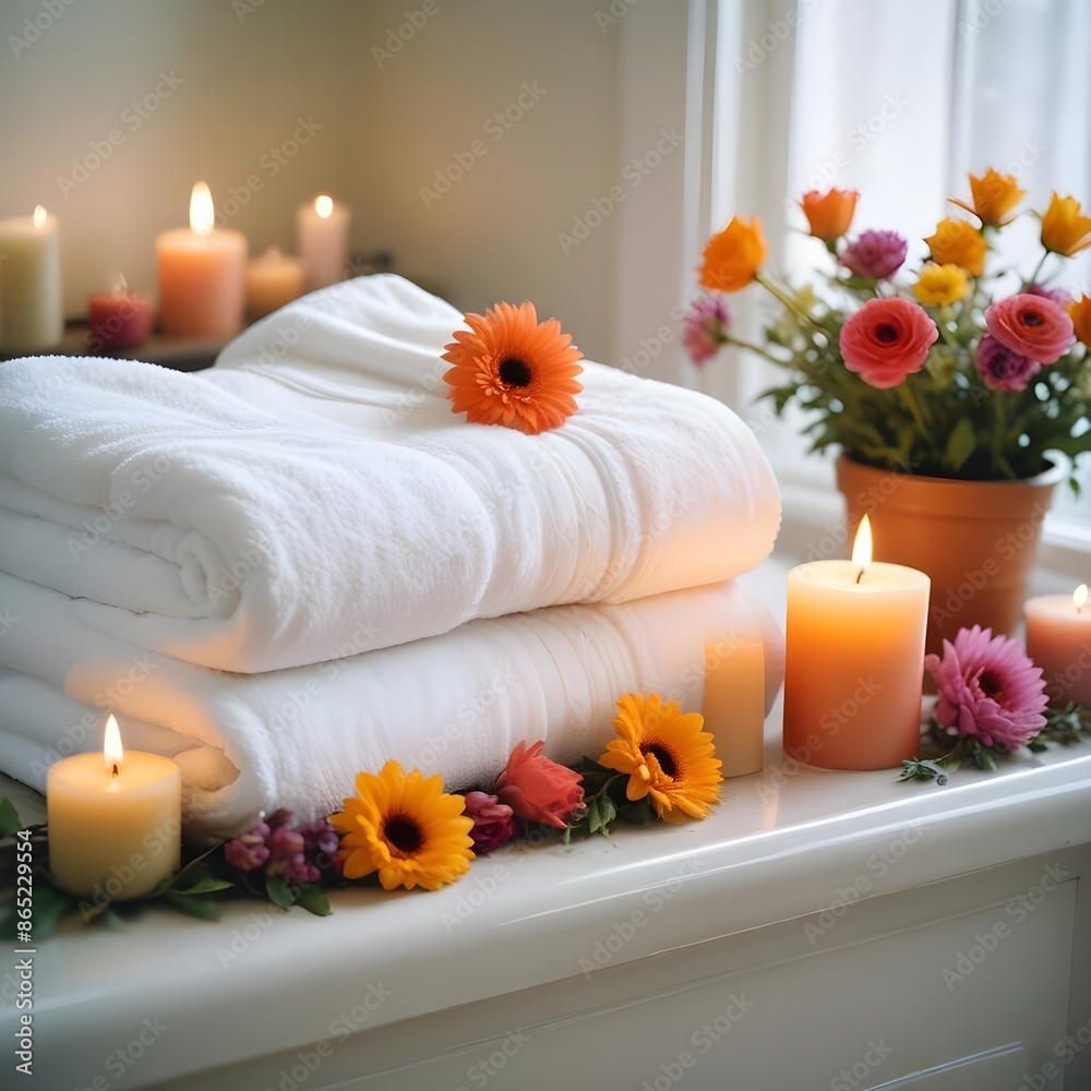 Crisp white spa towels, glowing candles, and a colorful assortment of fresh flowers in a tranquil environment Crisp white spa towels, glowing candles, and a colorful assortment of fresh flowers in a tranquil environment