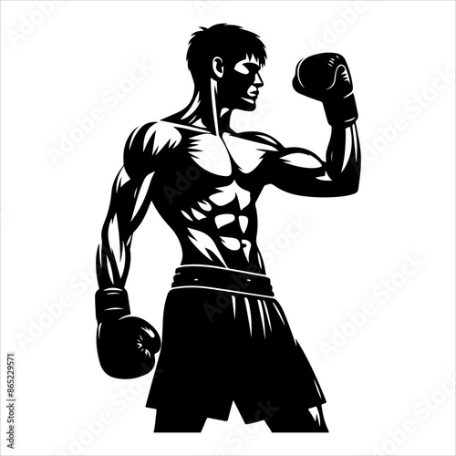 Boxer Silhouette. Strong fighter. Direct kick. Sportsman on training. Sparing. A boxer stands with pose vector silhouette. Martial skills demonstration.
