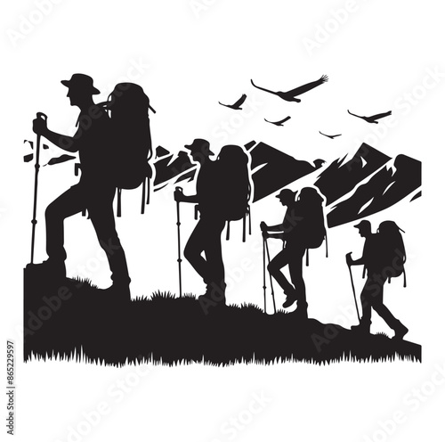 Hiker silhouette of a trekking Hiker vector on isolated white background.