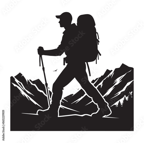 Hiker silhouette of a trekking Hiker vector on isolated white background.
