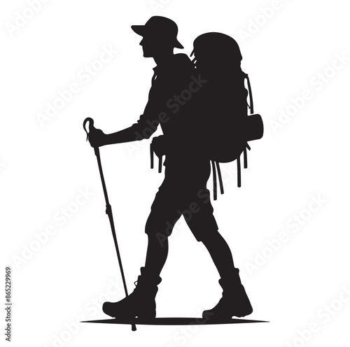 Hiker silhouette of a trekking Hiker vector on isolated white background.