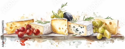 A watercolor rendering of a gourmet cheese platter background.