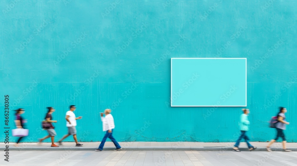 Beachside Urban Scene with Blurred Passersby and Vibrant Turquoise Wall Featuring Blank Poster, Tropical Daylight Atmosphere Beachside Urban Scene with Blurred Passersby and Vibrant Turquoise Wall Featuring Blank Poster, Tropical Daylight Atmosphere