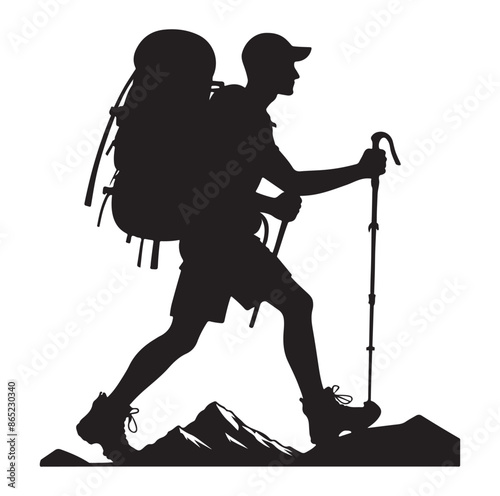 Hiker silhouette of a trekking Hiker vector on isolated white background.