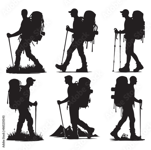Hiker silhouette of a trekking Hiker vector on isolated white background.