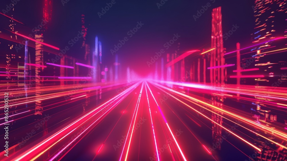 A vibrant futuristic highway with dynamic neon light trails in pink and orange. The high-speed visual effect creates a sense of motion and immersive energy A vibrant futuristic highway with dynamic neon light trails in pink and orange. The high-speed visual effect creates a sense of motion and immersive energy