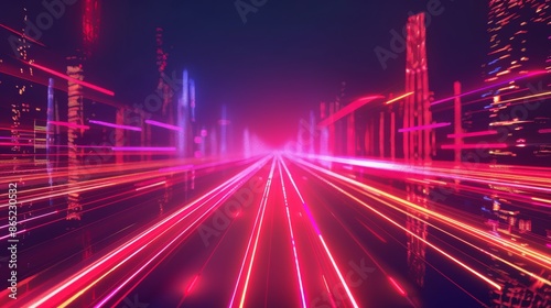 A vibrant futuristic highway with dynamic neon light trails in pink and orange. The high-speed visual effect creates a sense of motion and immersive energy