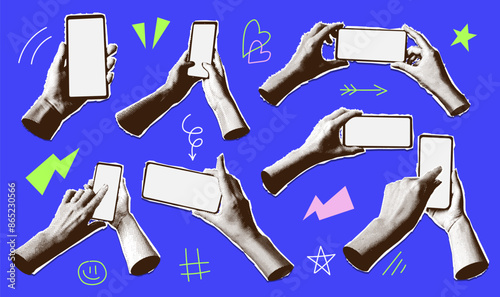Halftone collage hands set with smartphone. Mixed media mobile phone screen, paper hands with devices and doodle elements. Vector illustration.