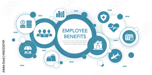 Employee benefits concept and access to welfare health, Fringe Benefits for employee engagement. Insurance, paid vacation,annual leave,pay raise and bonus. icon on circles and vector illustration.