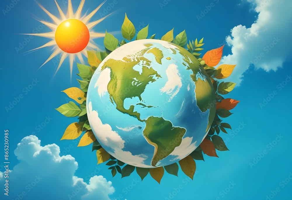 Naklejka premium A colorful illustration depicting the Earth surrounded by leaves , with a bright sun shining in the sky and clouds in the background. Illustation of World Ozone Day