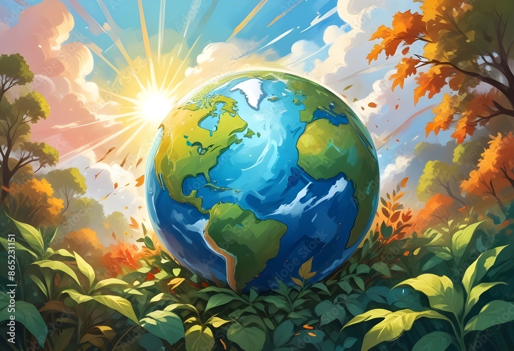 A colorful illustration depicting the Earth surrounded by leaves , with a bright sun shining in the sky and clouds in the background. Illustation of World Ozone Day A colorful illustration depicting the Earth surrounded by leaves , with a bright sun shining in the sky and clouds in the background. Illustation of World Ozone Day
